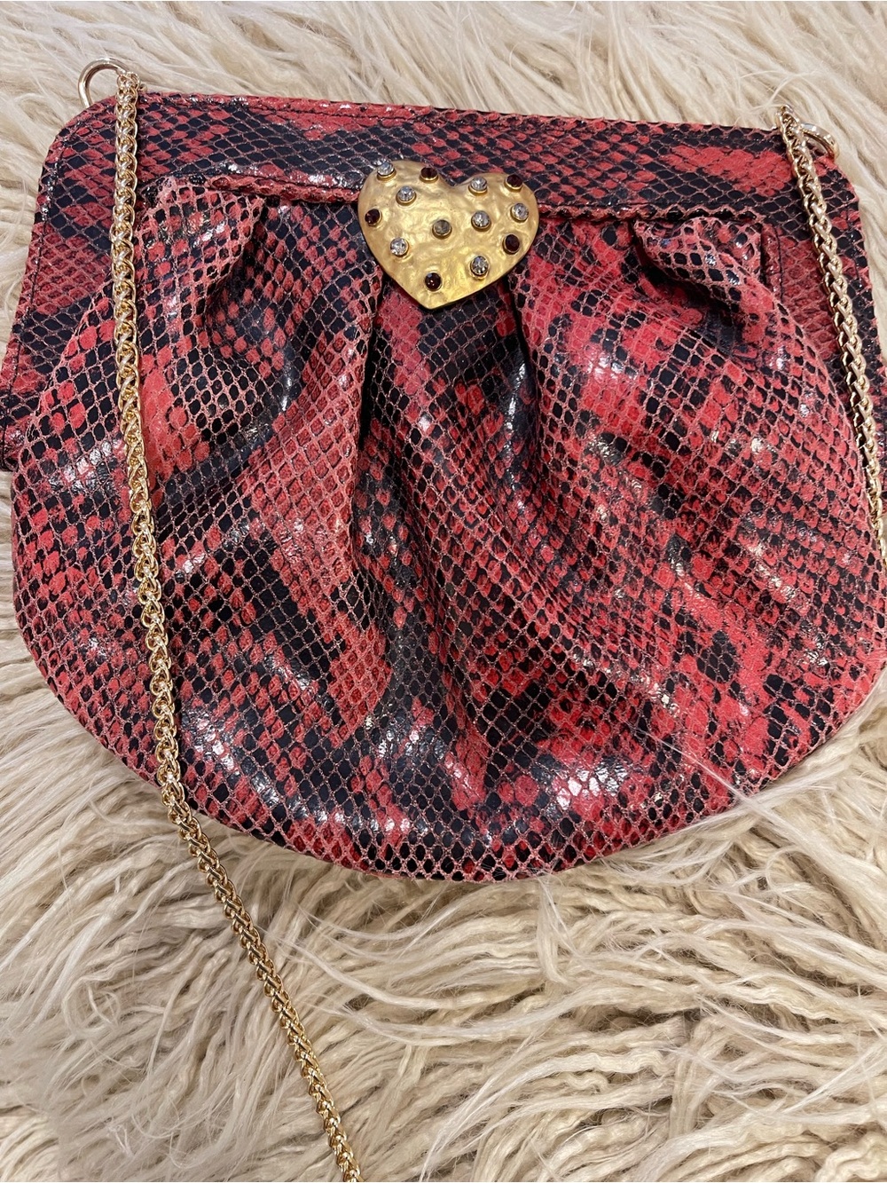 Zara Red and Black Snake-Print Clutch with Gold Heart Clasp